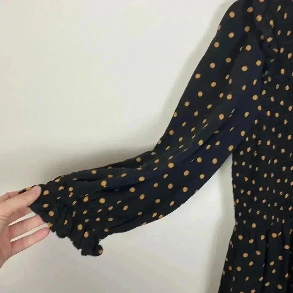 Madewell Women's XXS Black Tan Polka Dot 3/4 Sleeve Above Knee Dress Casual - Picture 7 of 9